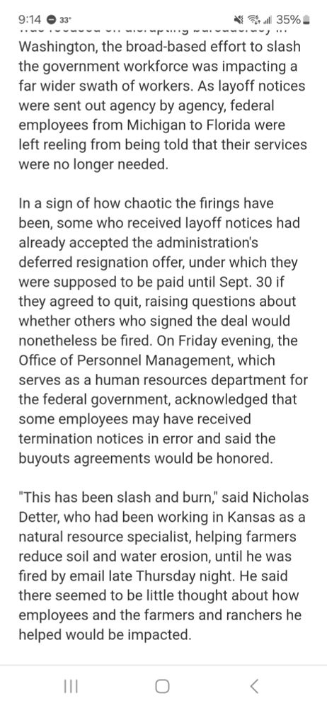 Paragraph from article stating that some of the federal employees who took the buyout offers were also sent termination notices. OPM says that was done in error and the buyout agreements would be honored.