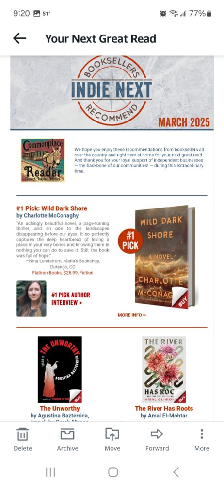 Email from Commonplace Reader in Yardley, PA for "Your Next Great Read" showing "The River Has Roots" as one of its selections.