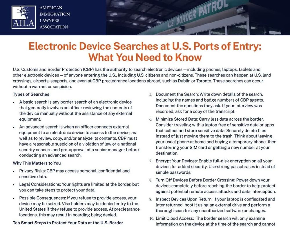 Text of tips regarding electronic device searches at customs and immigration checkpoints for travelers coming into the US - citizens and non-citizens
