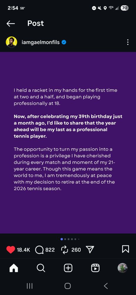 Announcement from Gael Monfils that he is retiring. Link to the whole announcement on Instagram is in my next post.