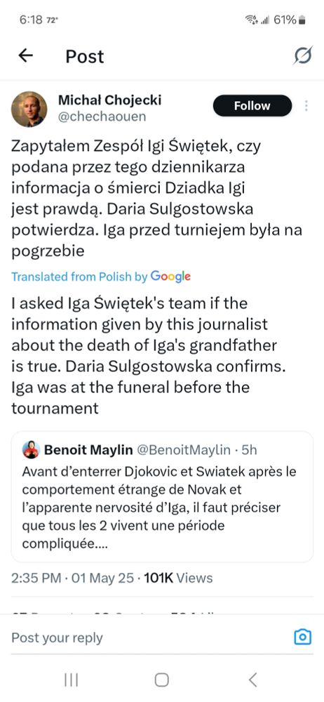 Screenshot of post from "X" showing English translation from Polish: "I asked Iga Swiatek's team if the information given by this journalist about the death of Iga's grandfather is true Daria Sulgostowska confirms. Iga was at the funeral before the tournament."