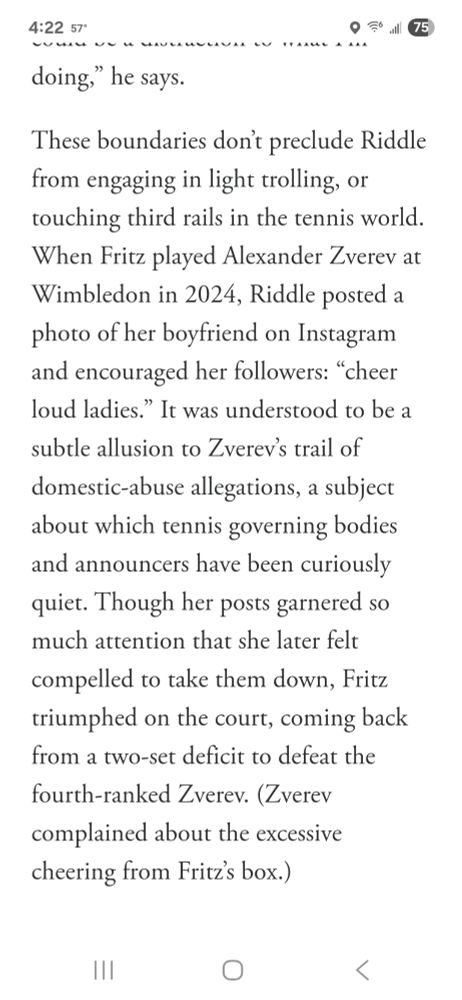 Paragraph from GQ article about Morgan Riddle and Taylor Fritz discussing her IG post cheering on Fritz to beat Alexander Zverev in a match "for the ladies" (GQ has the quote as "cheer loud ladies").