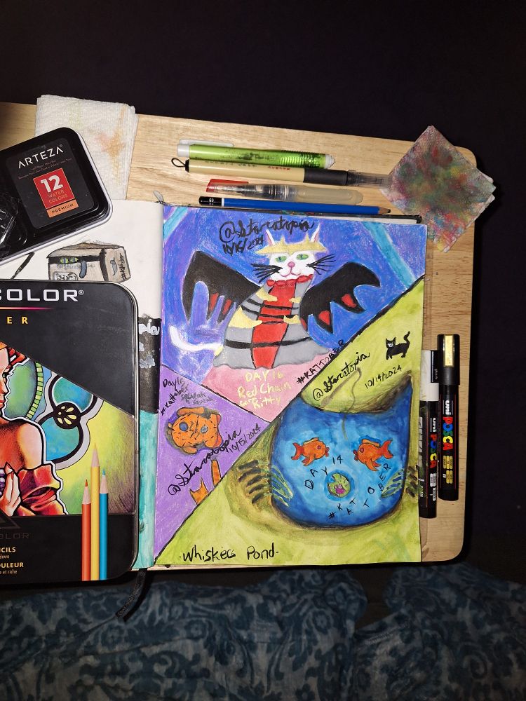 White kitty cosplaying as Giratina with the red chain as their collar.