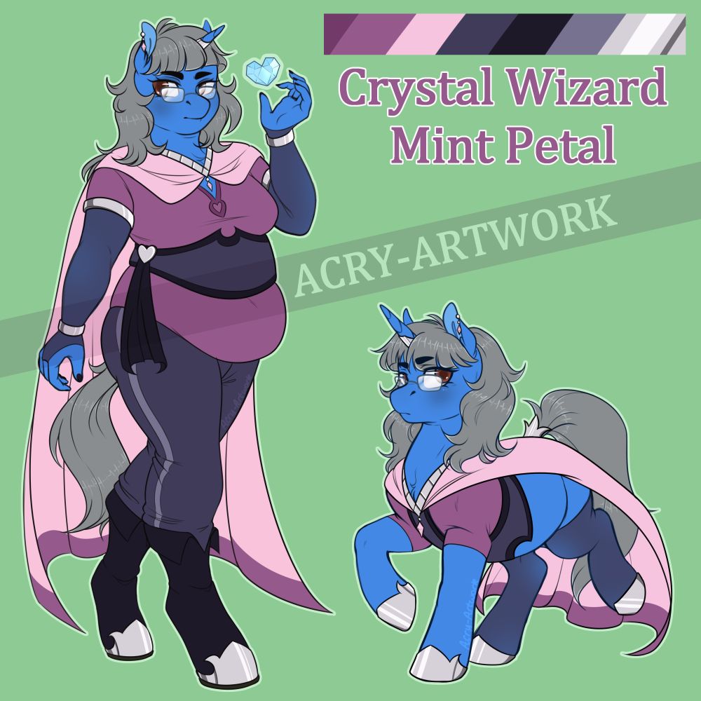A reference sheet for the character, Mint Petal, in both anthro and pony form. The unicorn has a bright blue coat and grey mane and tail, with brown eyes. She wears a pink cloak, maroon-purple shirt with grey-purple bodice and pants, black boots and silver hoof coverings. 
Text reads: Crystal Wizard, Mint Petal.
