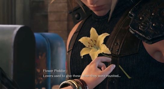 Aerith pinning a flower to the left side of Cloud’s chest 