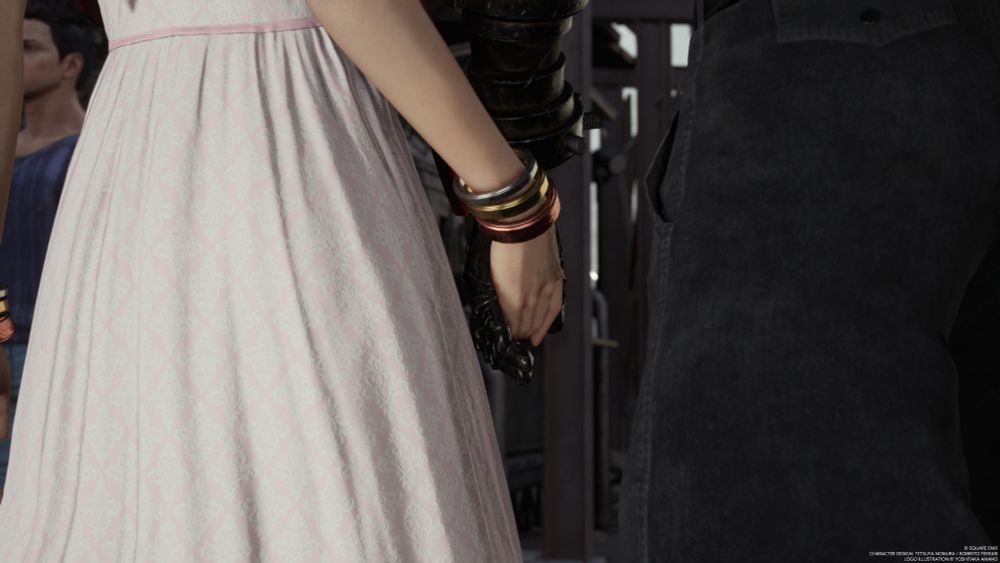 Aerith and Cloud holding hands on their date in Sector 5. 