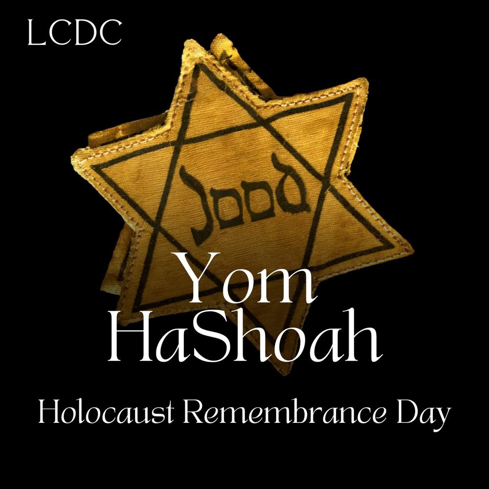 Includes the yellow badge introduced by the Nazis in 1942. The yellow badge includes the Star of David and with the word “Jew" in the middle. The badge enforced dehumanization, punishment, and concentration camps. Reads, "Yom HaShoah. Holocaust Remembrance Day."