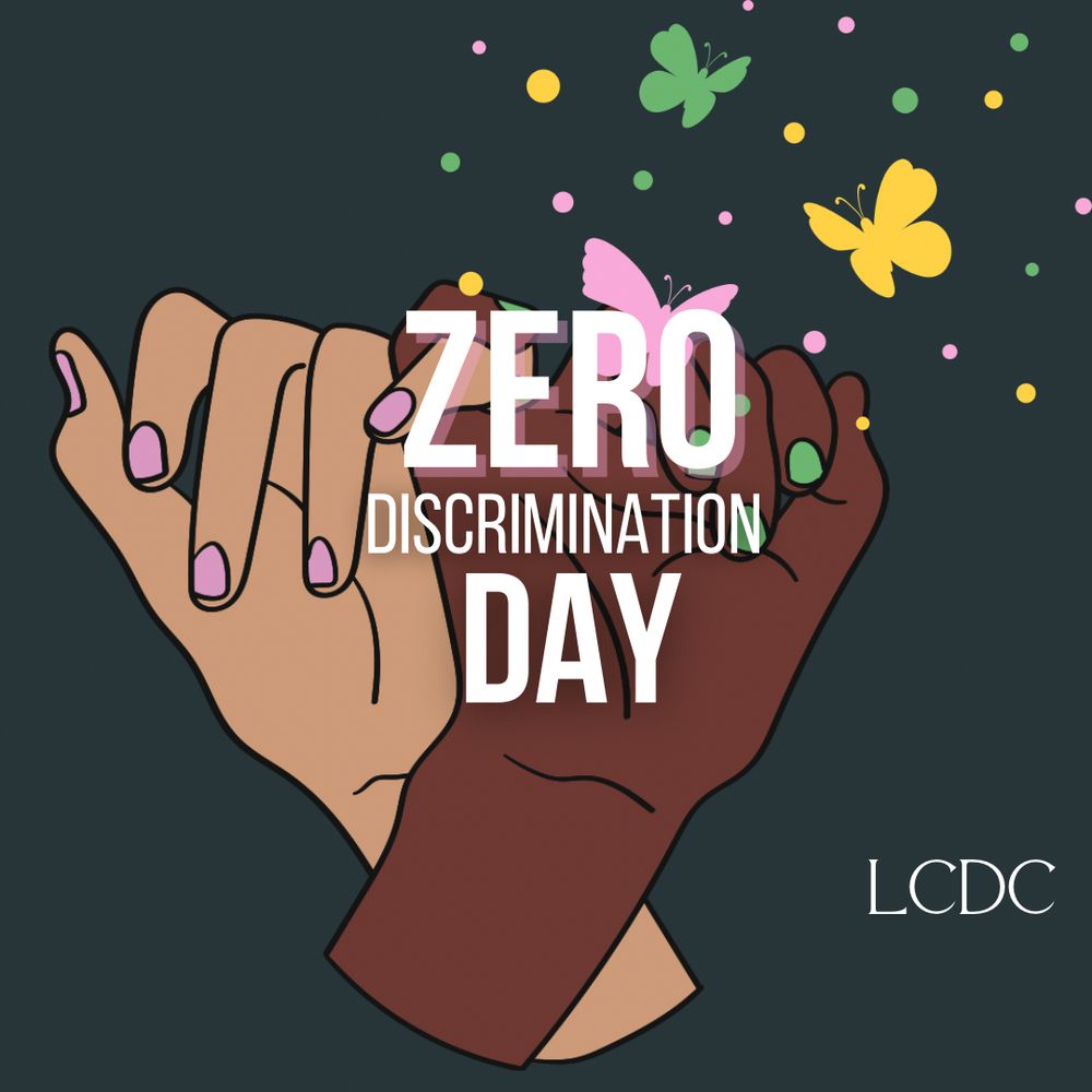 A graphic with a white and Black hand pinky promising along with pink, green, and yellow butterflies. Reads, “Zero Discrimination Day.”