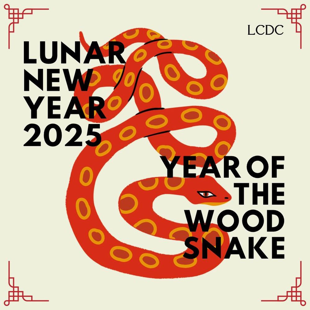 Includes a snake and reads, "Lunar New Year 2025. Year of the Wood Snake."