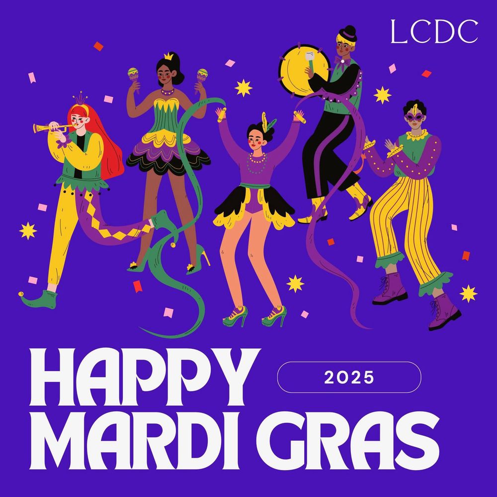 A parade of diverse people. Colors include purple, green, and yellow, which represent justice, faith, and power. Reads, "Happy Mardi Gras 2025."