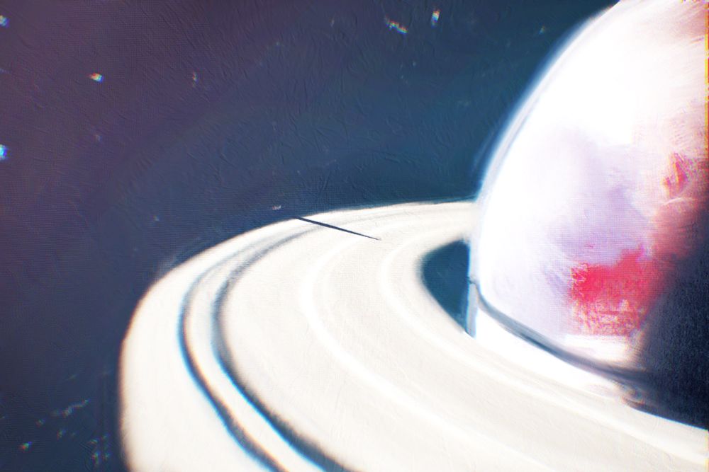 Molsev, the titular planet of the settng in its bright red color scheme with an orbital ring and a quench drive section hovering in orbit.