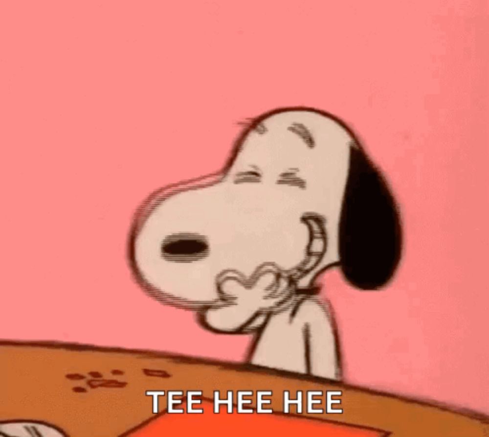 snoopy is sitting at a table with his mouth open and a pink background .