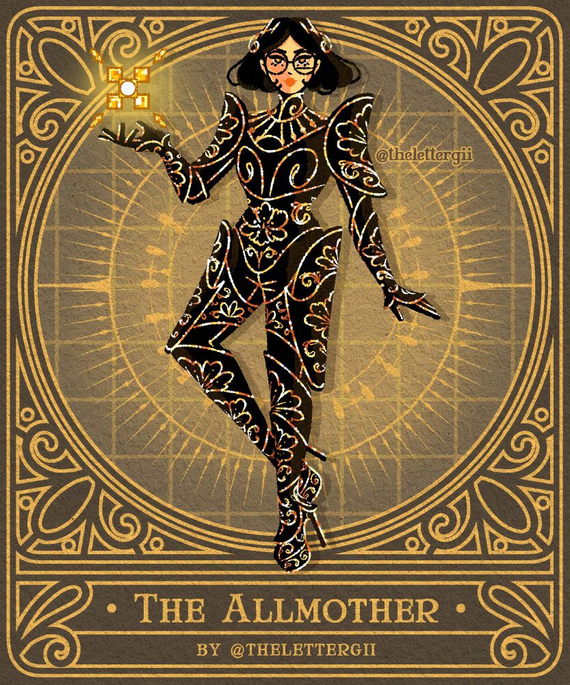 Iris from the game 1000xResist, in black armor with gold filigree detail. She is holding a glowing yellow Familiar.