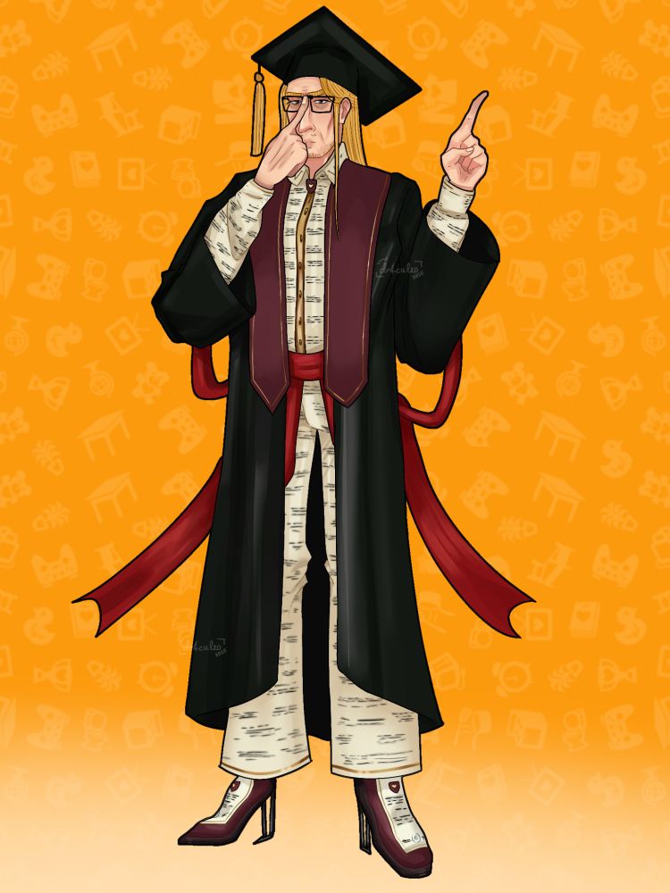 Image shows a character that is a personification of a Harvard diploma.