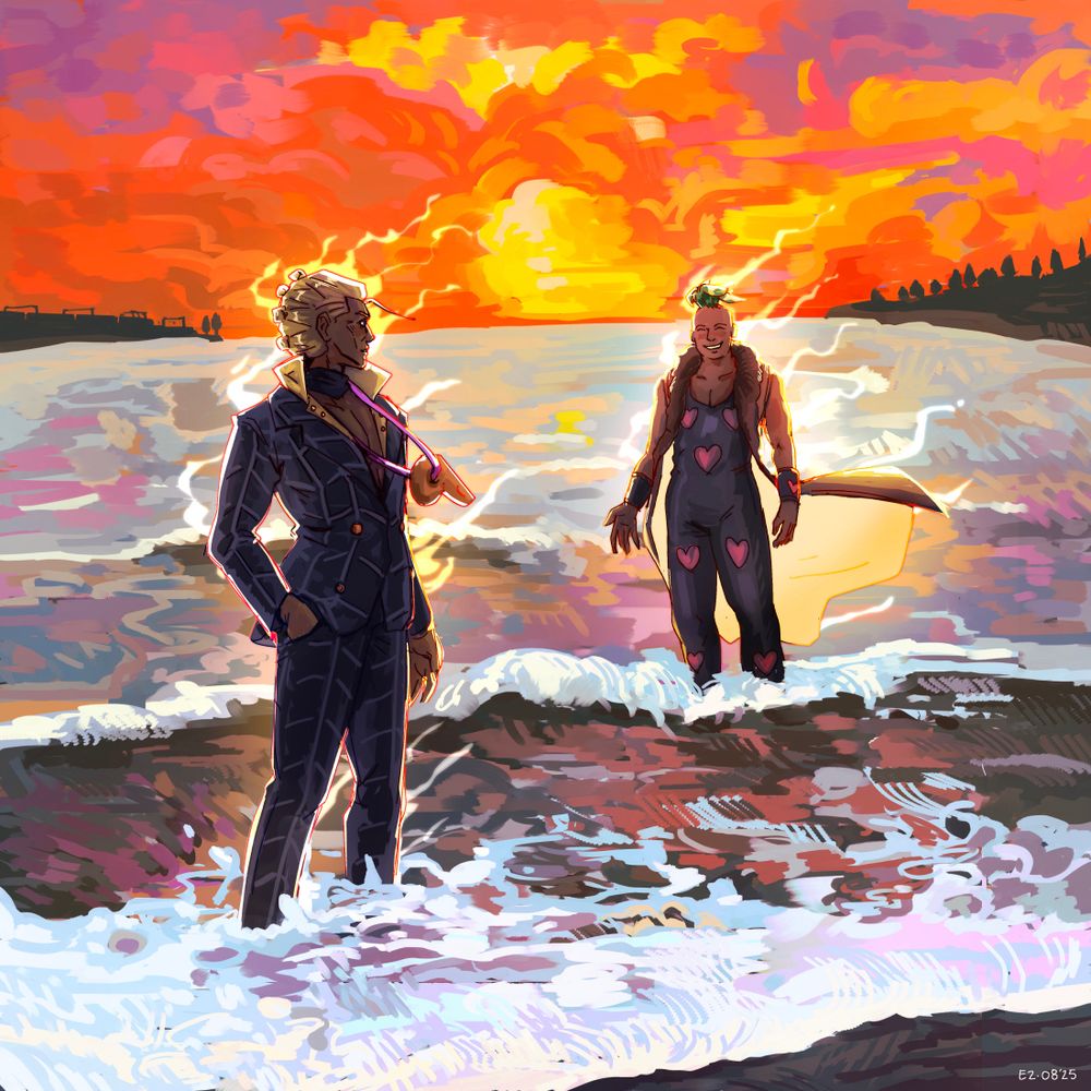 fanart of prosciutto and pesci from jojo's bizarre adventure standing in the ocean during sunset.