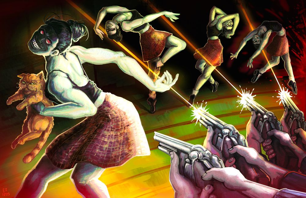fanart of the cat lady / ballerina from no im not a human. at the front is her holding the cat, with the homeowner's hands pointing his shotgun at her. behind them are three versions of the cat lady dancing, and three version of the homeowner trying to shoot her. at the right side is a blood spatter.