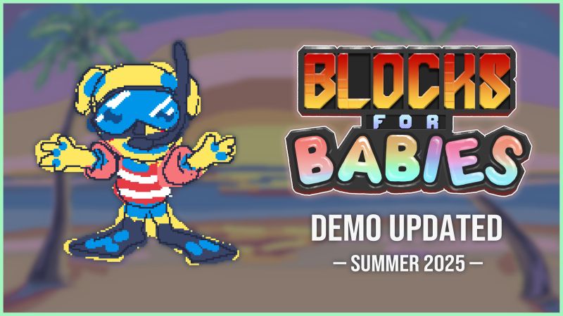An image of our mascot Flapper in floaties and snorkel gear on a tropical beach background. Next to him is the "Blocks for Babies" logo and the text "Demo Updated—Summer 2025"