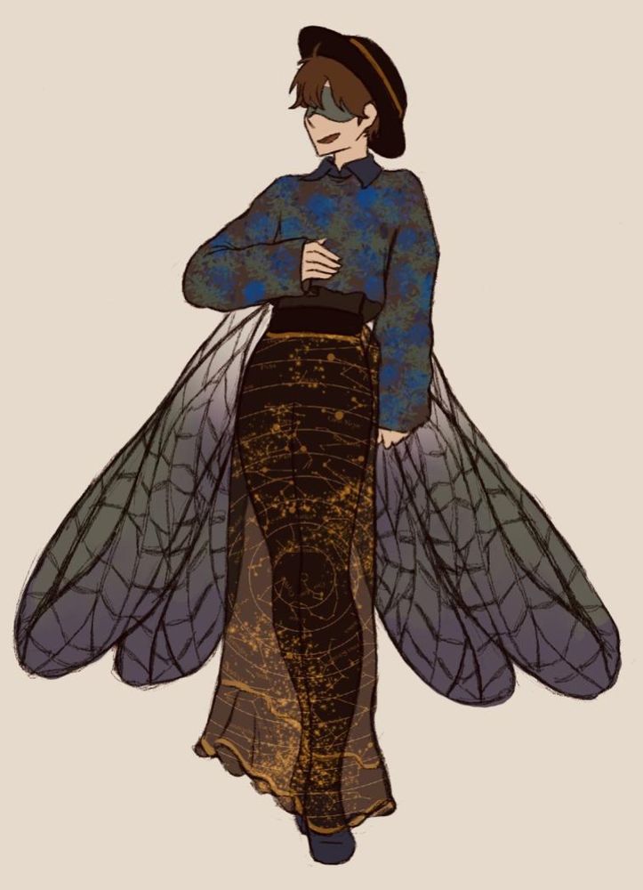 Eli clark from Identity V depicted as a half human half bug hybrid. Eli is a medium height pale young adult with short brown hair. He is wearing a cropped blue and green floral patterned long sleeve shirt with a darker blue collared shirt underneath, a long sheer transparent black skirt patterned with concentric circles and various different constellations over a tighter opaque one. He has a matching blue face mask/visor that is covering his eyes and obstructing them from view as well as a black hat with gold trims and black heeled ankle boots. A set of metallic blue and green damselfly wings rest behind him getting more transparent as they reach his back. He is posed in a very elegant manner facing the left of the screen, his left arm resting at his side and his right one bent up almost as if touching his chest. The background is a plain light beige. 