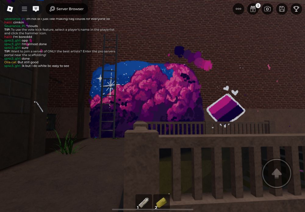 A drawing of pink and purple clouds on a star filled blue sky. Everything is in the colors of the bisexual flag and has two prominent shining stars on the top left. To the right of it is a bisexual flag in the same colors as the drawing.