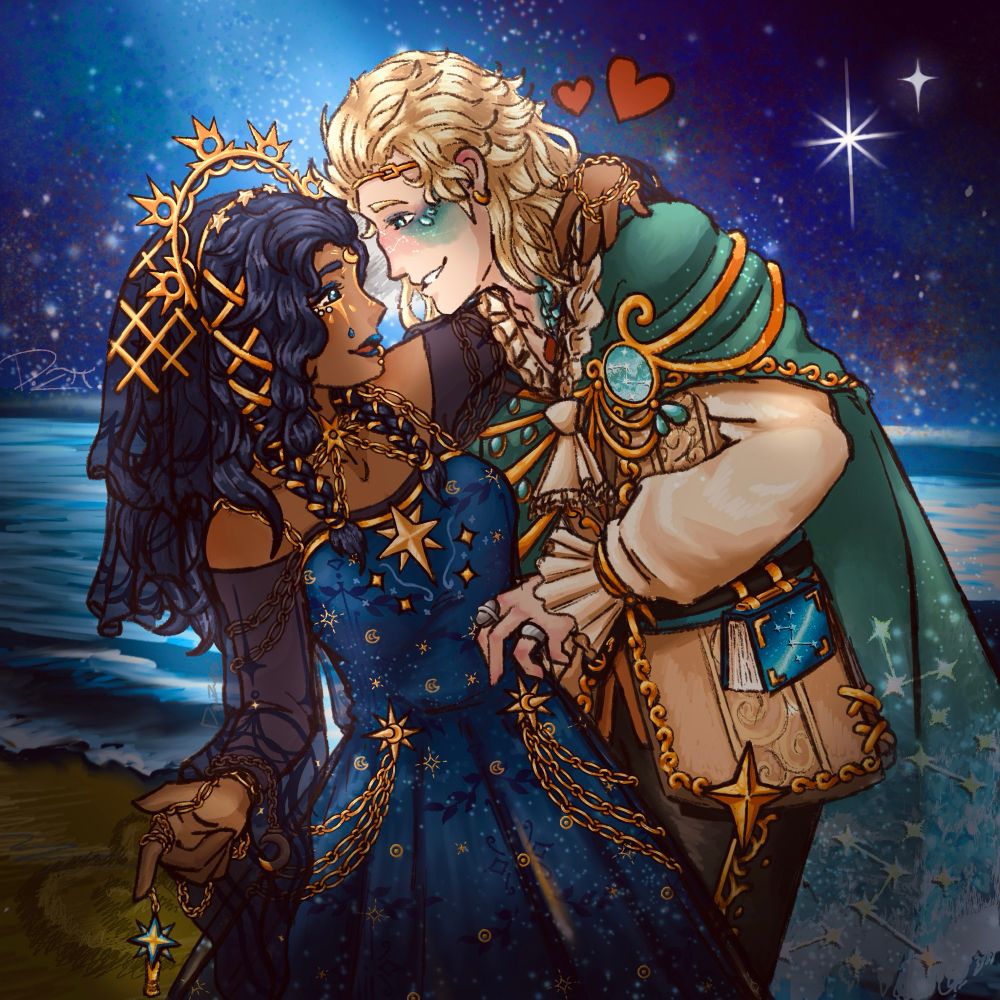 A drawing of Ada Mesmer (psychologist) and Luchino Diruse (Professor) from Identity V. They are posed in a romantic way almost as if dancing in front of an ocean and a starry night sky. The Sand has a heart with their initials inside a heart engraved into it. Ada is drawn as a dark skinned woman with a starry blue dress like her S tier skin. Her sleeves are flowy and a transparent black with patterns on them. Her long dark blue hair is adorned with a golden star crown and gold ribbons and she has a myriad of gold jewelry including a lip ring. Her make up is a mix of blue and gold mainly around her eyes and lips. She is holding her star-like whistle in her right hand. Luchino is a pale blonde man with brushed back hair that falls into a short mullet. The blush on his face is visible and is covered with constellation-like freckles. His outfit is that of his A tier skin from the same essence with a brown vest, white undershirt, black pants, and a long blueish green cape going around and falling from his shoulders. The cape goes into a majestic ocean wave pattern at the end with transparent stars on top. A blue starry book is hanging from his hip and his outfit and head are adorned with gold accents and a headband. He also has two silver rings on his left middle and ring finger. The couple is smiling and looking lovingly at each other’s eyes.