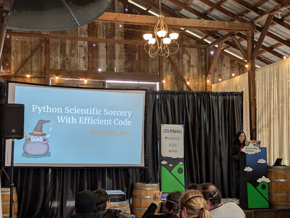 A photo of Parul on stage with her title slide featuring a wizard.