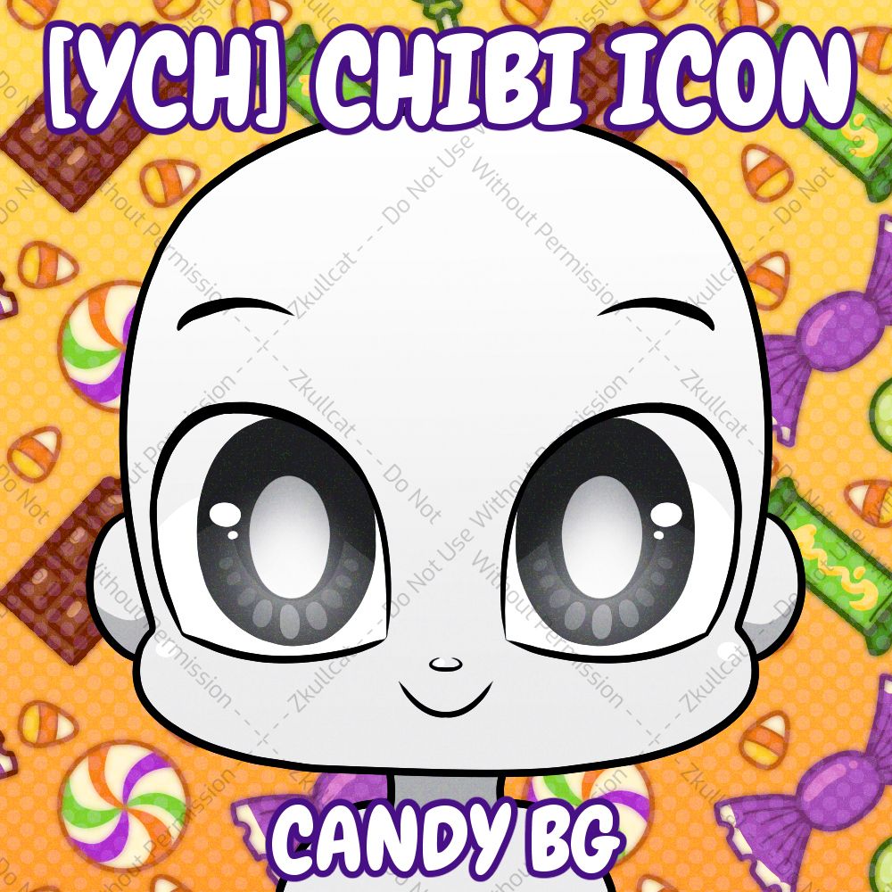 A digital drawing of a chibi character over a pattern background. The character is bald with grey skin and eyes, looking at the camera smiling. The background is a pattern of various halloween candies floating over an orange gradient.