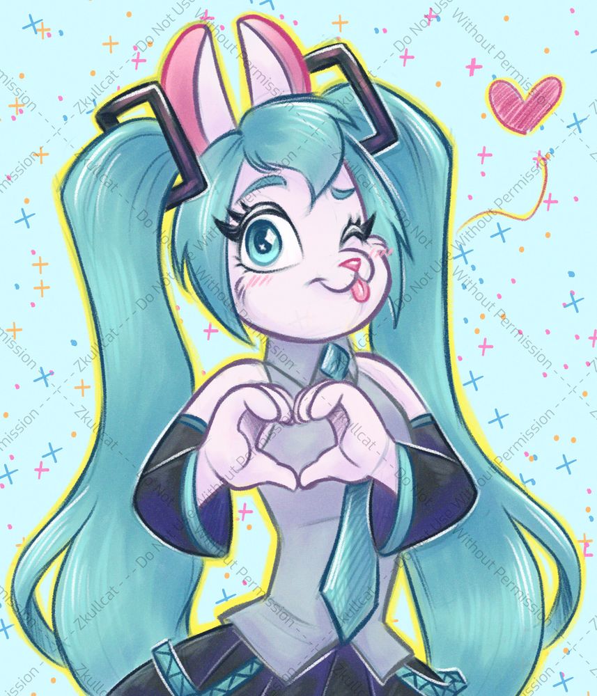 A digital illustration of an anthropomorphic white bunny of Hatsune Miku doing a love heart gesture with her hands. She's winking and looking at the camera with her tongue out.  The background is a solid light blue with pink, yellow and blue sprinkles around the character.