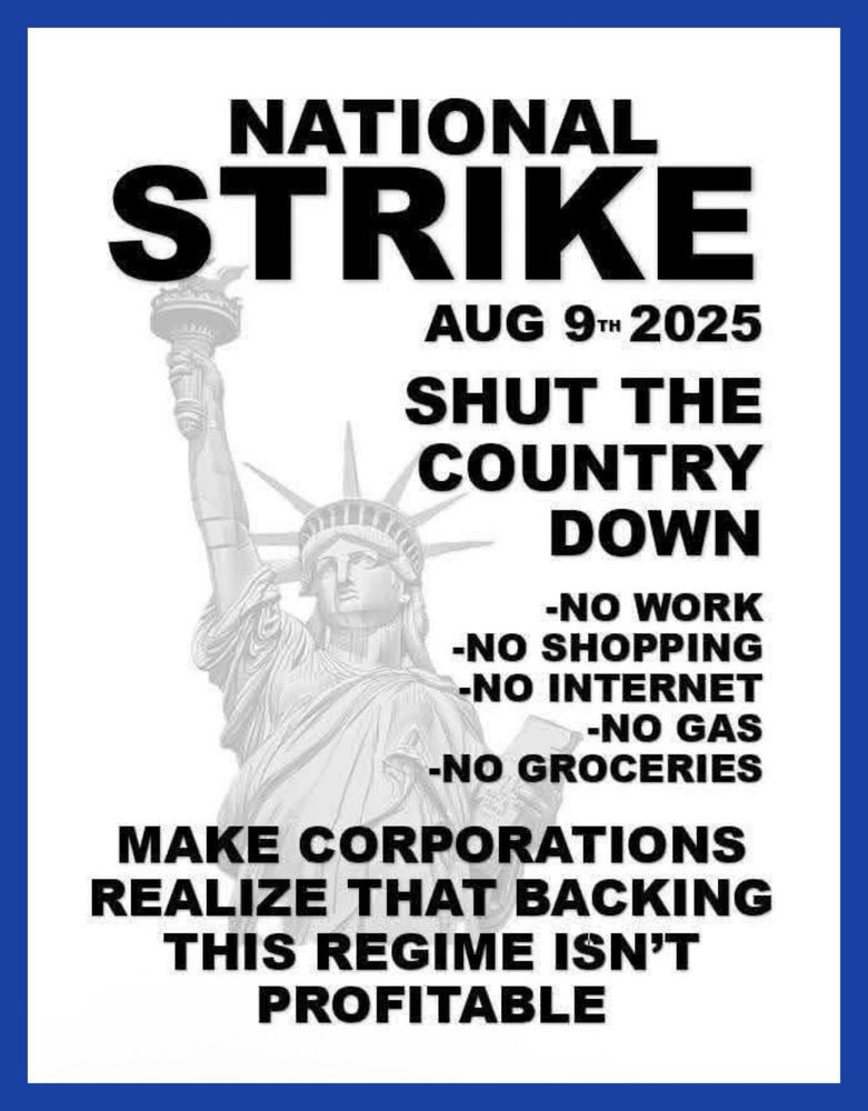 National strike August 9th 2025
Shut down the country 
No work 
No shopping 
No Internet 
No gas
No groceries 
Make corporations realize that backing this regime isn't profitable 