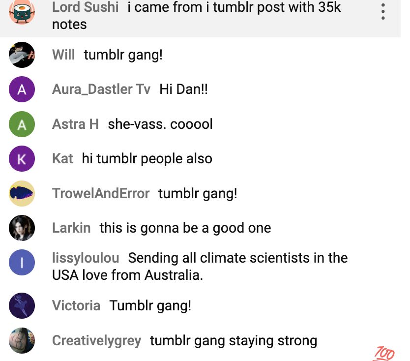 a screenshot of the weather and climate livestream's youtube chat. most of the comments reference tumblr or the 'tumblr gang!'  