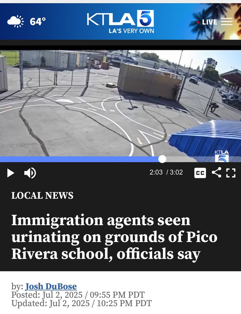 Screenshot of security video showing “ICE” agents peeing on school grounds. Link to news story has full details and video. 