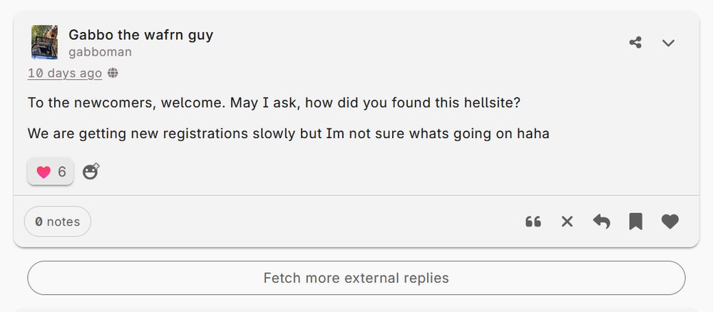 A post by Wafrn creator gabbo, which shows the "Load more external replies" button.