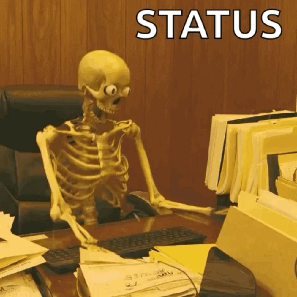 a skeleton is sitting at a desk in front of a computer with the word status written above it