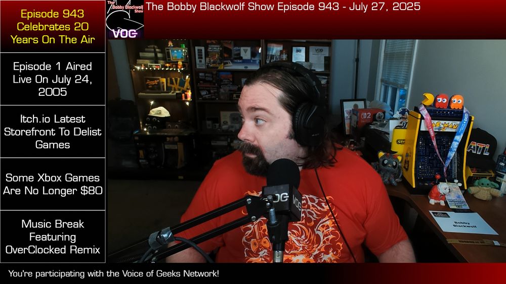 Me, looking to the left at headlines, which include:

Episode 943 Celebrates 20 Years On The Air
Episode 1 Aired Live On July 24, 2005
Itch.io Latest Storefront To Delist Games
Some Xbox Games Are No Longer $80
Music Break Featuring OverClocked Remix