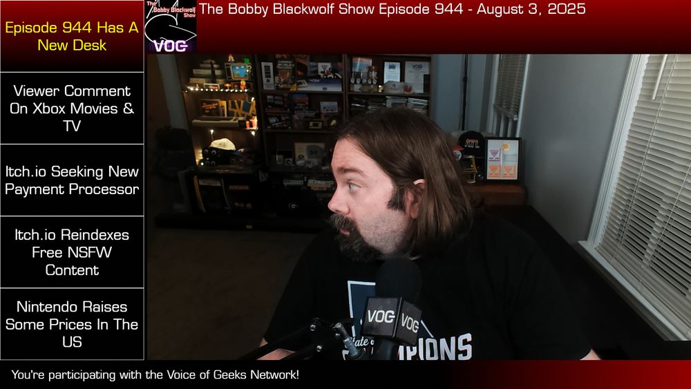 Me, looking to the headlines on my left, including:

Episode 944 Has A New Desk
Viewer Comment On Xbox Movies & TV
Itch.io Seeking New Payment Processor
Itch.io Reindexes Free NSFW Content
Nintendo Raises Some Prices In The US