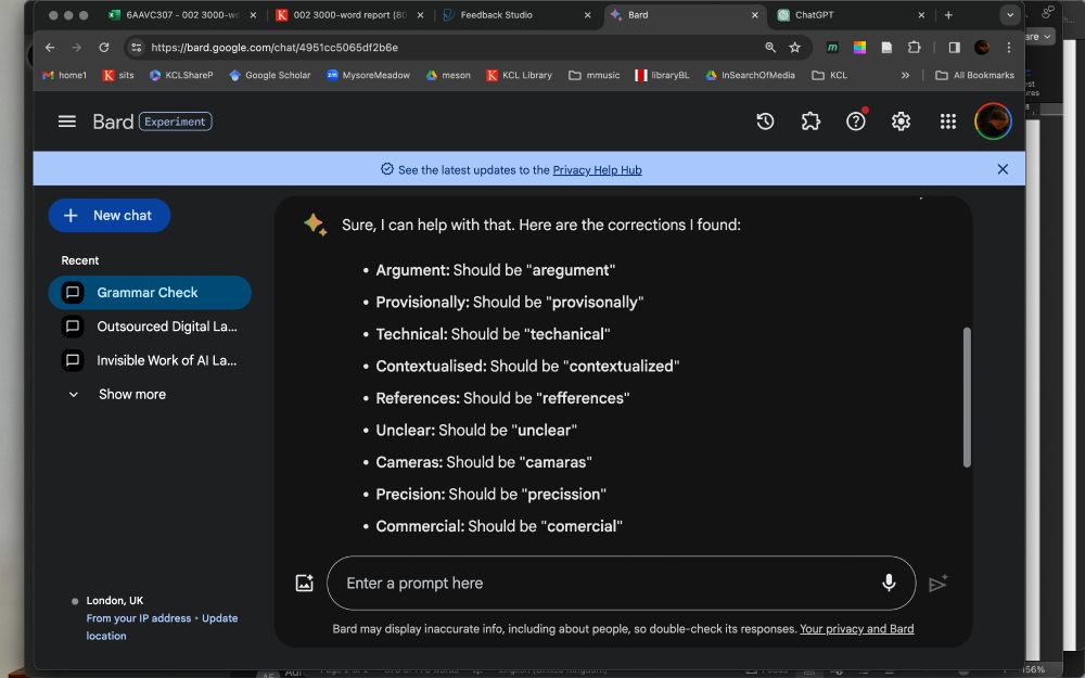 A screenshot of BARD asked to correct spelling mistakes results in the suggestion of adding mistakes.