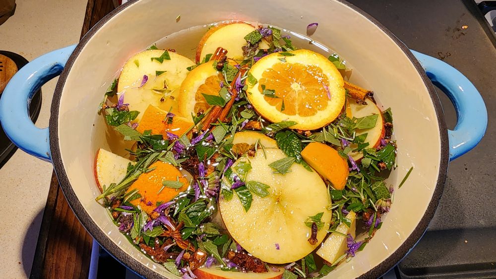 Simmer pot: oranges, apples, pears, cinnamon sticks, Anise, clove, Rosemary, wild spearmint, lavender, California Blue Sage, anise hyssop, and horehound.