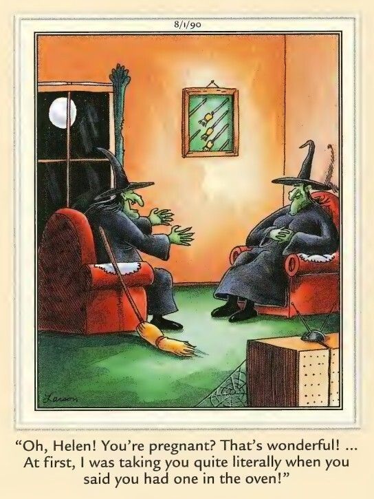 Two witches: "Oh, Helen! You're pregnant? That's wonderful! ... At first, I was taking you quite literally when you said you had one in the oven!"