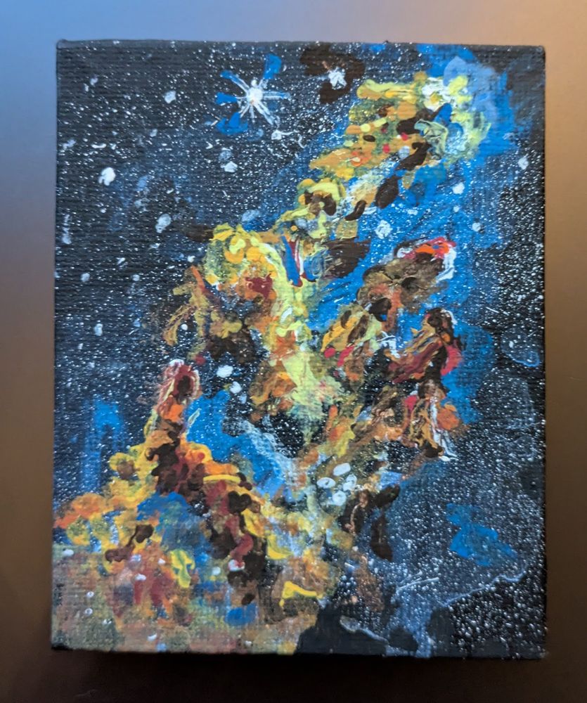 painting of the "pillars of creation". The three pillars are brown, but also have red and yellow colours

