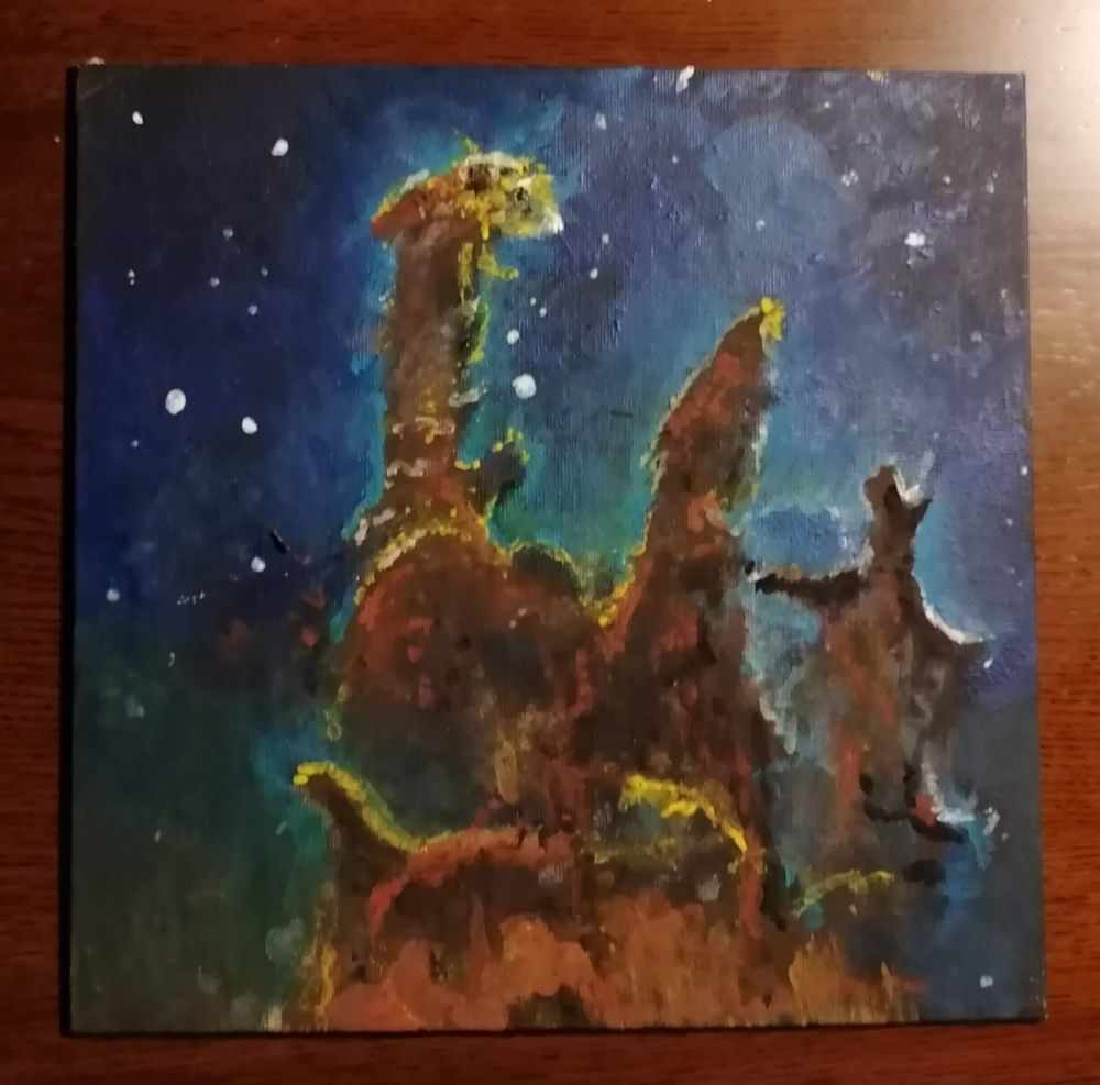 painting of the pillars of creation in visible light. The 3 pillars are dark brown and block the light. 
