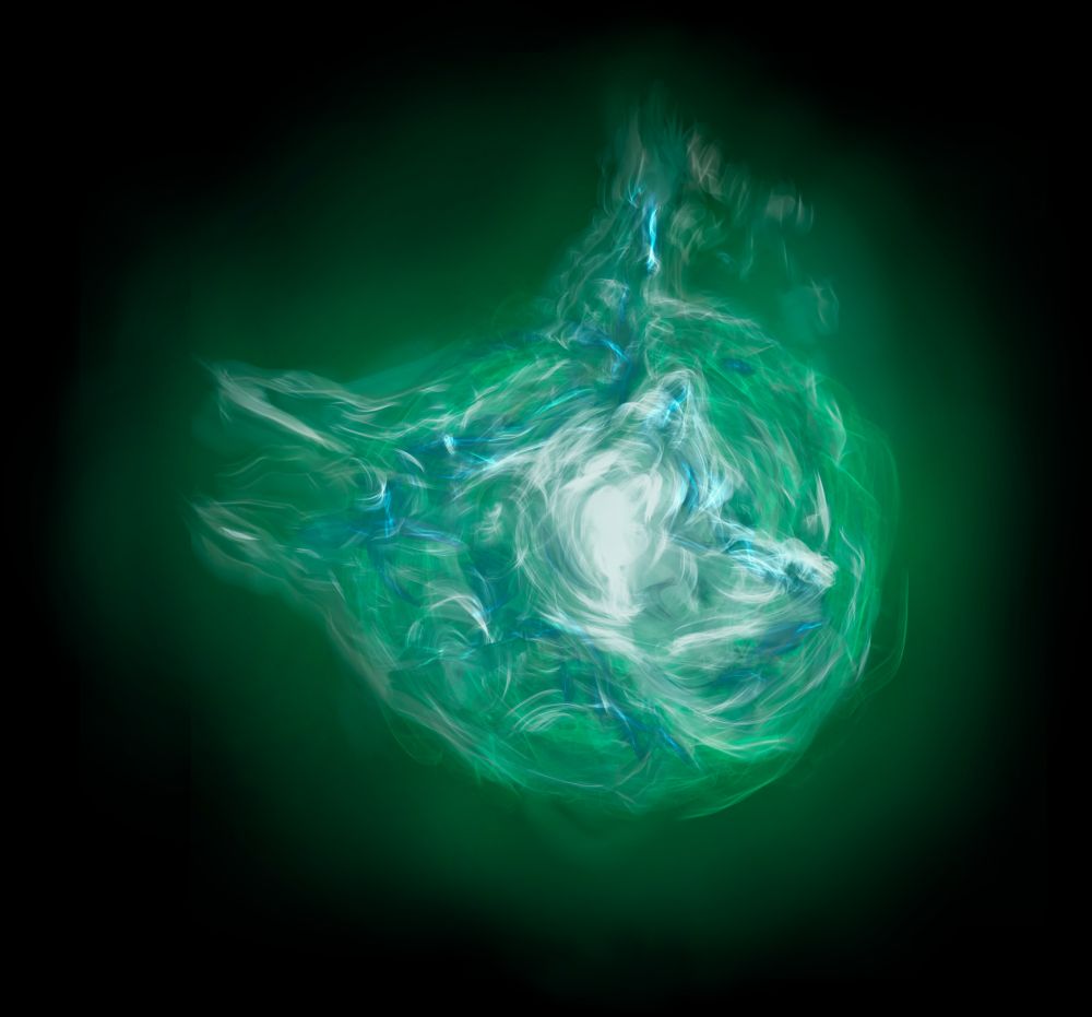 Digital artwork depicting the Perseus galaxy cluster as a swirling, abstract formation. A bright white core is surrounded by turbulent, filament-like structures in shades of green, blue, and soft white, suggesting the presence of radio halos. The outer edges blend into a glowing green aura, evoking the sense of motion and energy from cosmic turbulence. The image symbolizes the invisible structures seen in low-frequency radio observations of galaxy clusters.