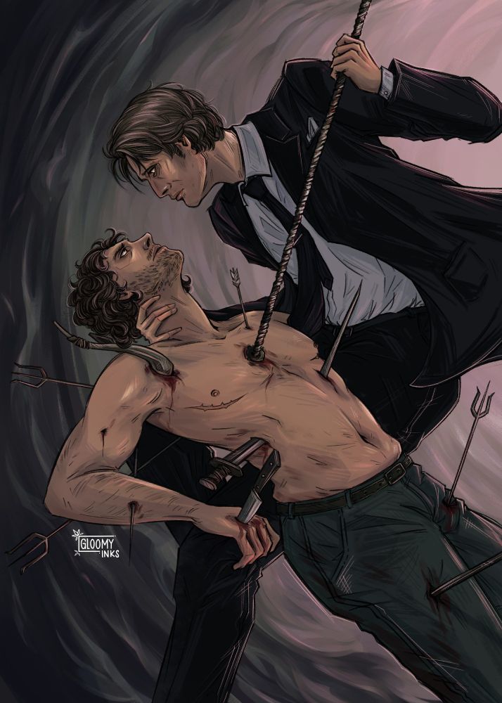 !trans wound man will graham being stabbed by hannibal, surrounded by a dimly lit swirl 
