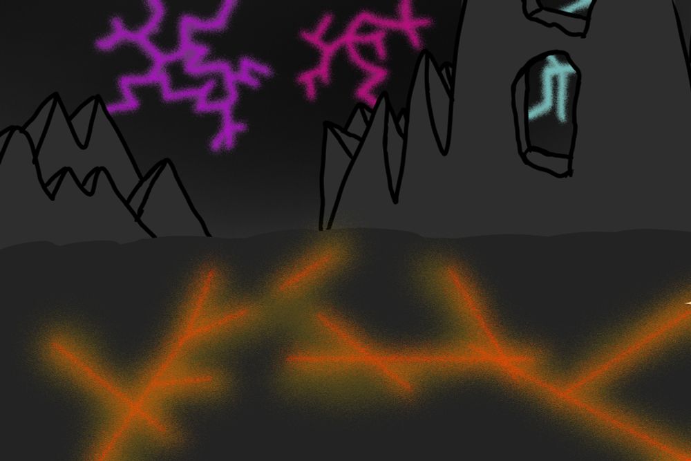 A desolate landscape with lava channels, and colorful lightning in a dark and cloudy sky.