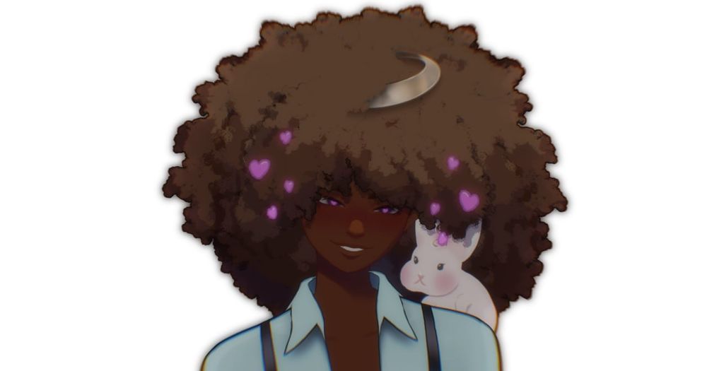A black vtuber making heart eyes at the camera. They have a giant afro and a tiny white bunny on their shoulder 