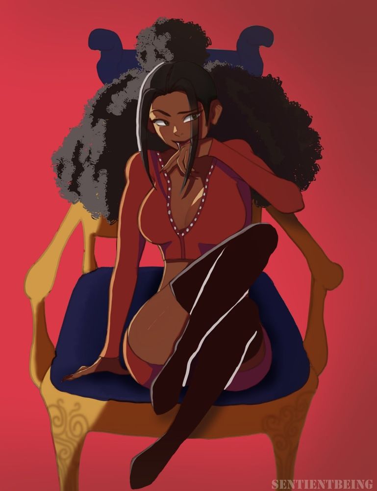 Black female vtuber Venette sitting on a chair with her legs up and a grin on her face. She has a black top bun and an afro with twin tails in front of her face and she's grinning and looking off to the right. She's wearing a red crop top, red shorts and black thigh high boots.
