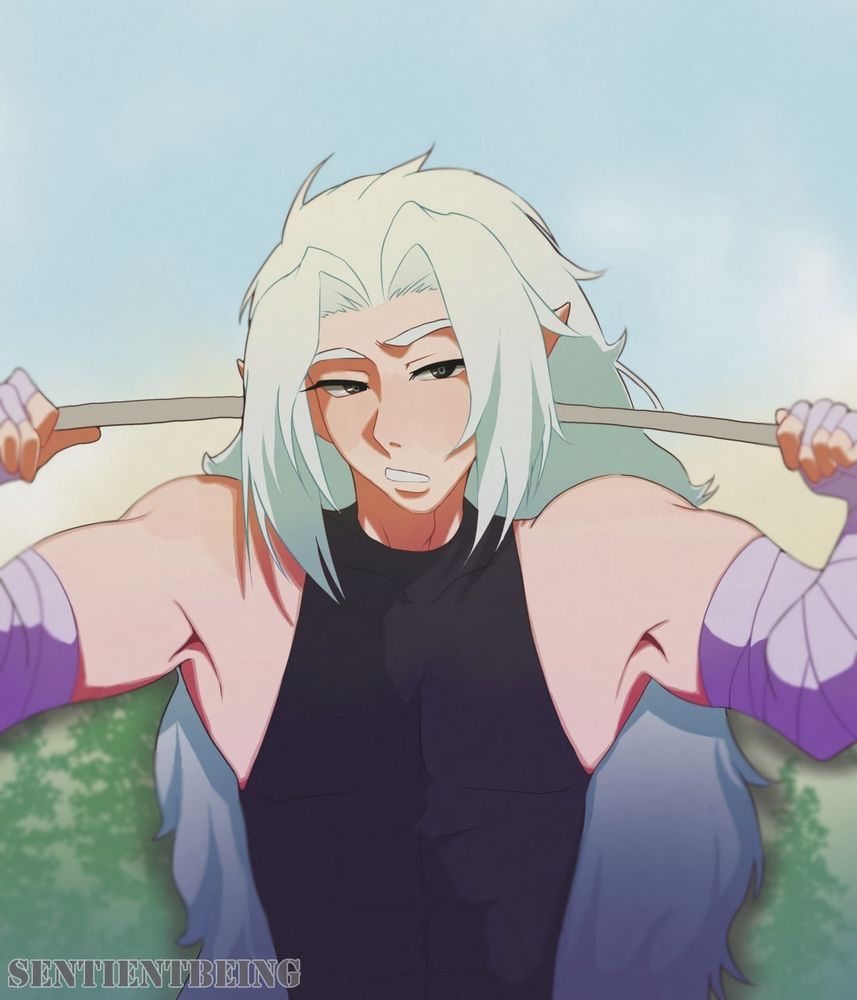 A pale man with big muscles balancing a sword behind his head. He has a dark eyes and is wearing a blank tank top. On his arms and wrists he has white bandages. His hair is light blue and very long
