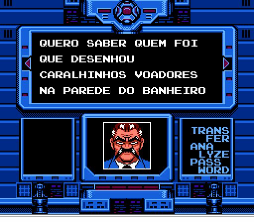 em gráficos da época do nintendinho, um monitor mostra um homem de bigode, parecido com o ator Lima Duarte. Acima, a legenda "quero saber quem foi que desenhou caralhinhos voadores na parede do banheiro"