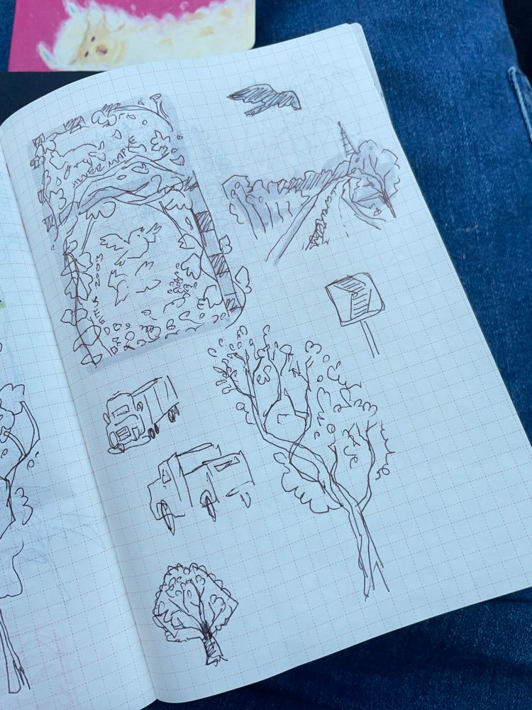 Sketchbook doodles of trees, trucks, landscapes, and birds 