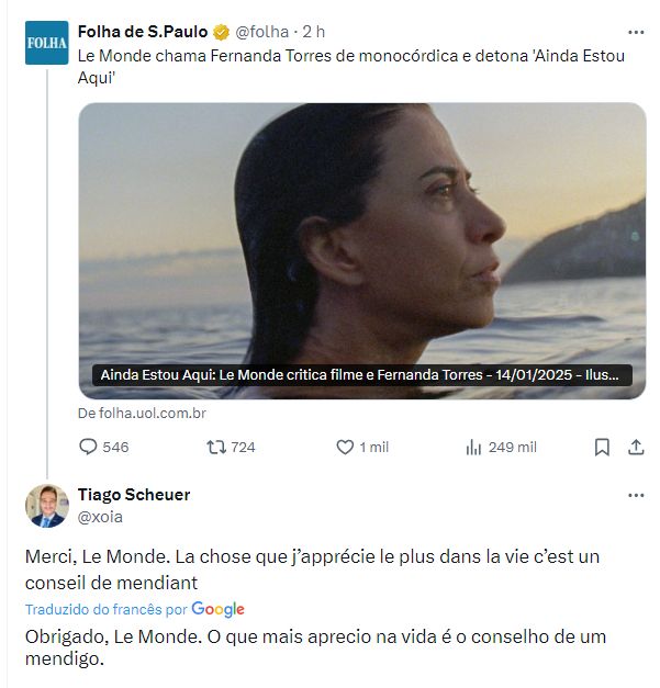Print do twitter com a matéria dizendo que jornal francês criticou Fernanda Torres e um brasileiro respondendo em francês a frase: Obrigado, Le Monde. O que mais aprecio na vida é o conselho de um mendigo.