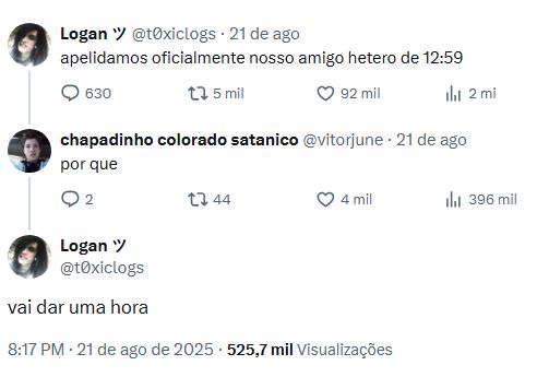 Print de conversa do twitter com o seguinte diálogo "apelidamos oficialmente nosso amigo hetero de 12:59" alguém pergunta "por que?" e a resposta é "vai dar uma hora"