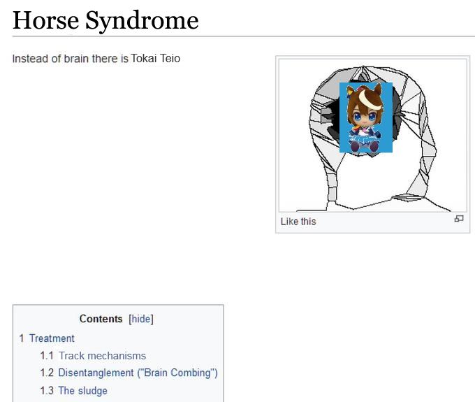 A fake Wikipedia page that reads as follows:

Horse syndrome

Instead of brain there is Tokai Teio

[A picture of a human skull with a plushie of Tokai Teio occupying the inside if the skull]

Contents [hide]

1. Treatment
1.1 Track mechanisms
1.2 Disentanglement ("Brain Combing")
1.3 The sludge